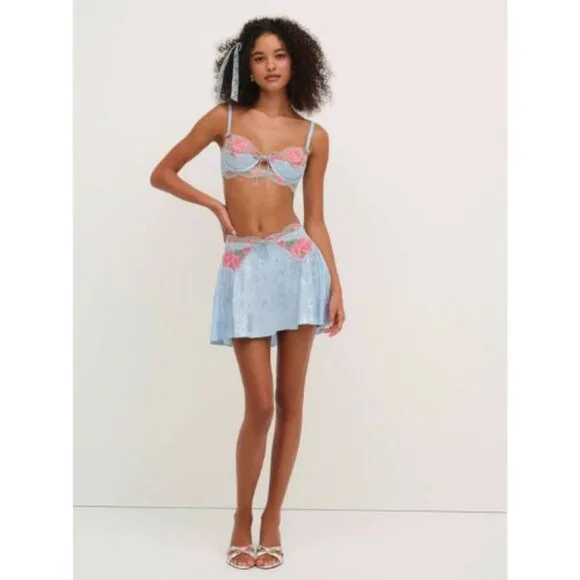 New! For Love And Lemons Blue Vintage Rose Eyelet Bra Size 32A 51325
